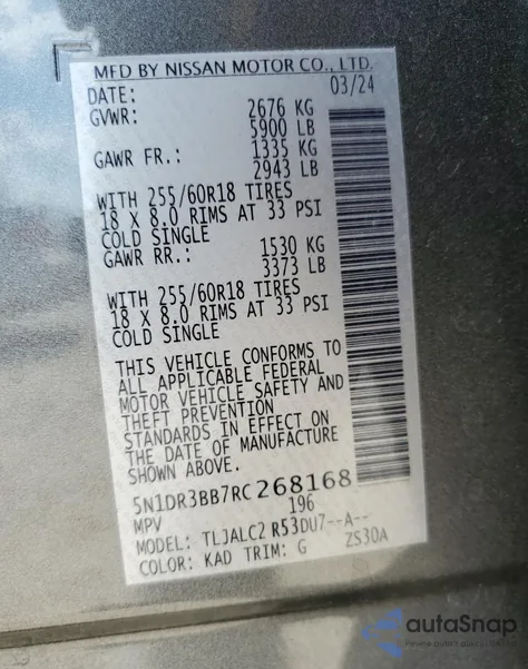 2024 Nissan Pathfinder Sv из США, поврежденный, VIN 5N1DR3BB7RC268168